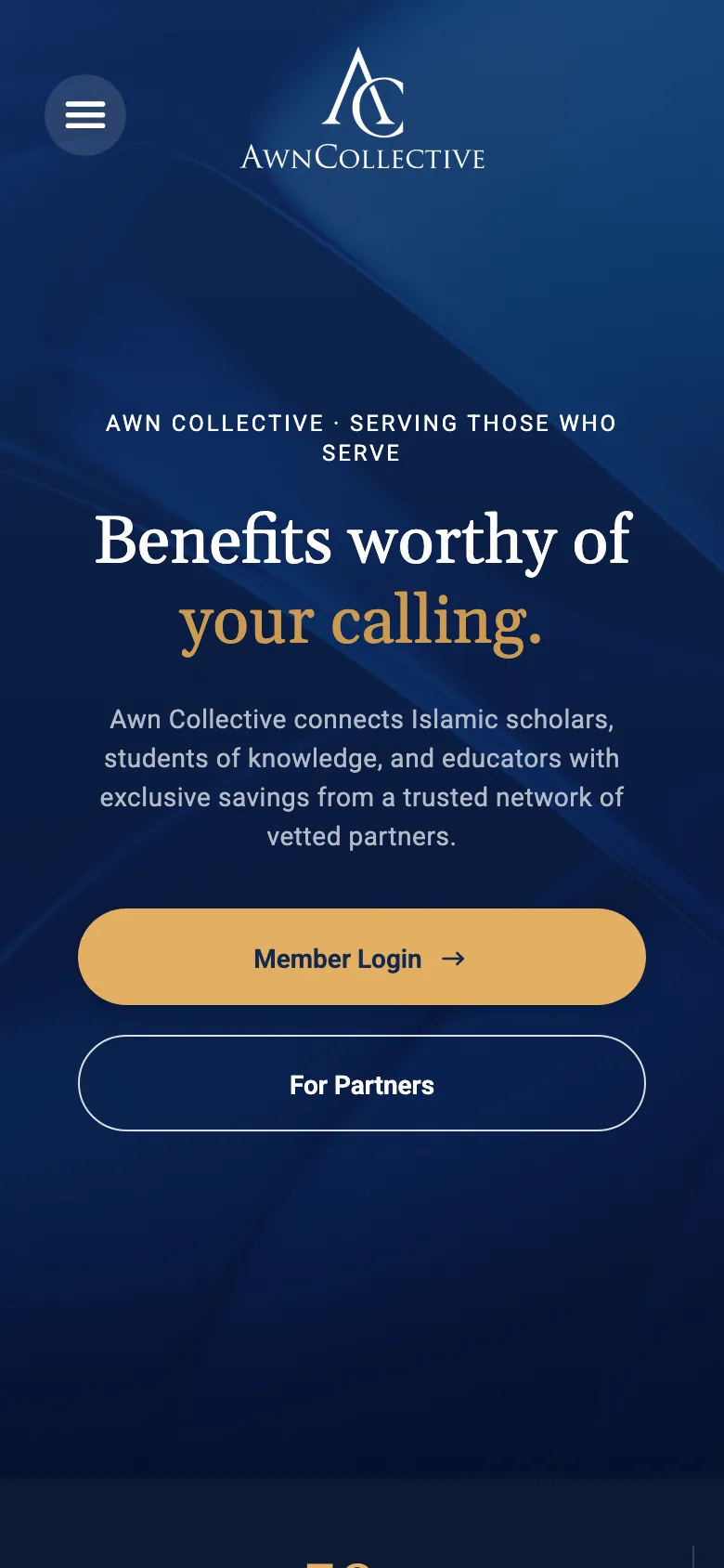 AWN Collective homepage on mobile with the centered logo, headline and stacked member login and partner buttons.