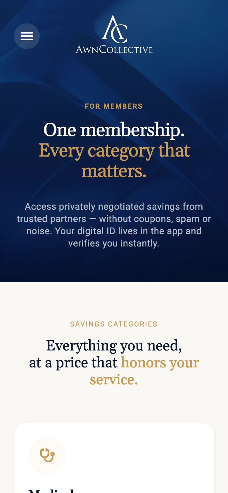 Members page on mobile with the headline One membership, every category that matters, followed by the savings categories section.