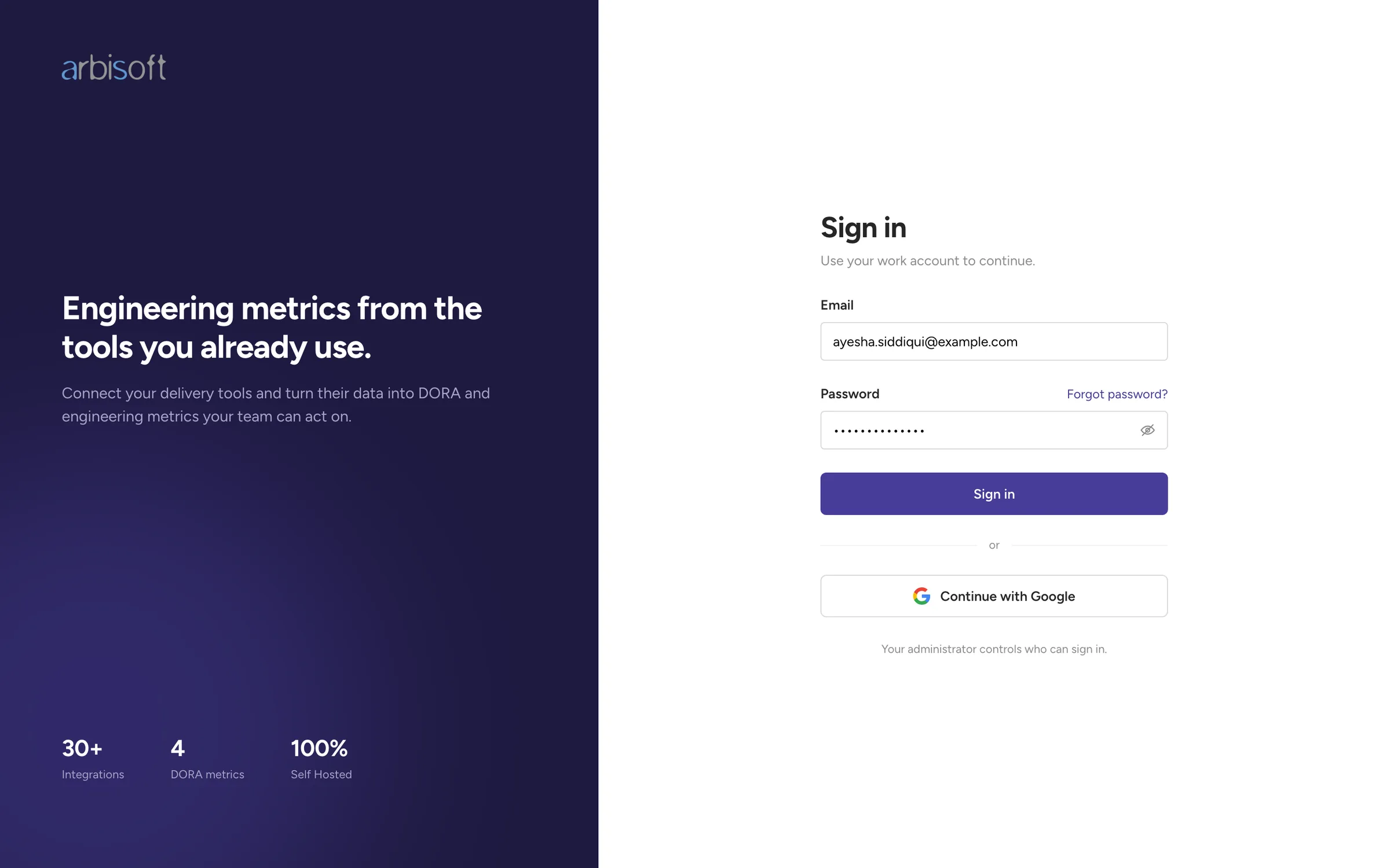 The product's sign in page. A dark brand panel with the tagline Engineering metrics from the tools you already use sits beside an email and password form and a Continue with Google button.